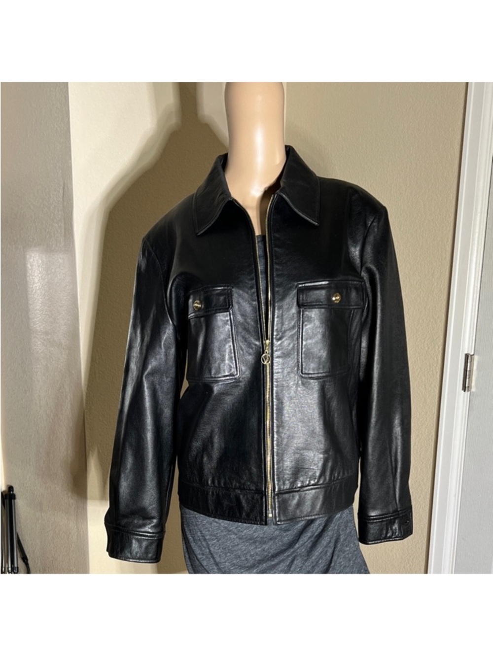 St. John Sport Black Leather Jacket L Gold Hardware Zip Front Luxury Designer